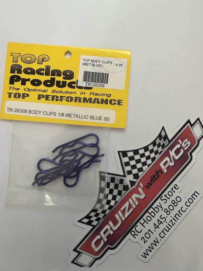 Top Racing Part #TR-28308 Body Clips 1/8 6ct Metallic Blue