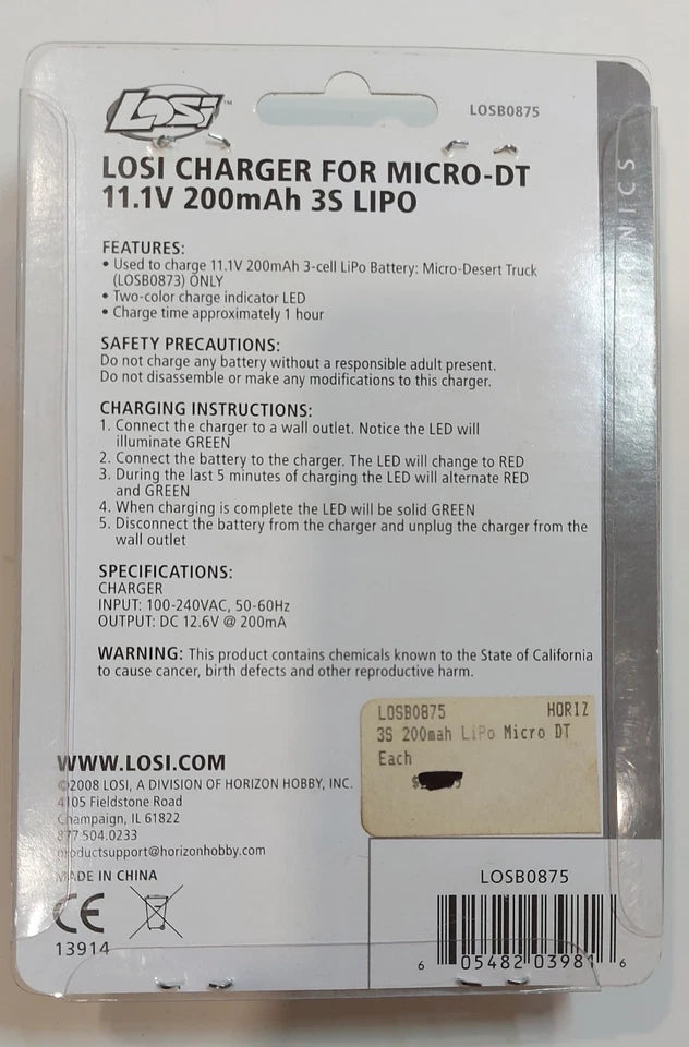 Team Losi Part #LOSB0875 Charger for Mirco-DT 11.1V 200mAh 3S LIPO