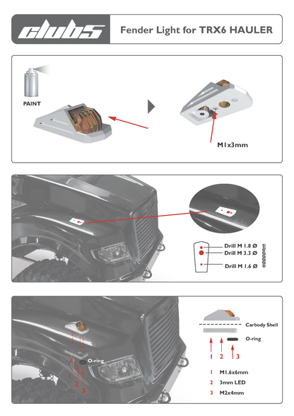 Club 5 Racing Part #C-TRX6-016 Front Fender Blinker Bracket w/ LED Light for Traxxas TRX-6 HAULER