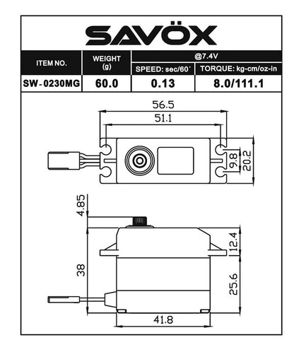 Savox Part #SW-0230MG Waterproof High-Voltage MG Digital Standard Servo w/Soft Start