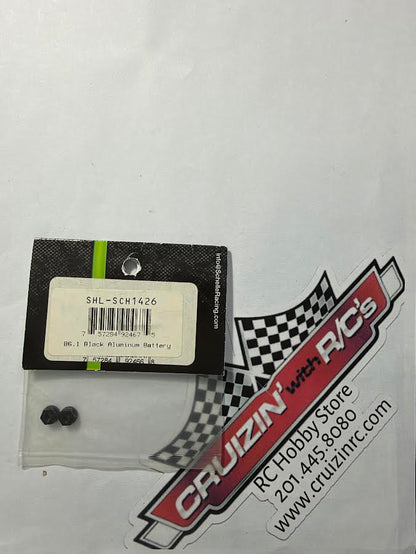 Schelle Racing Part #SCH1426 B6.1 Aluminum Battery Strap Nuts, 5.5 hex BLACK