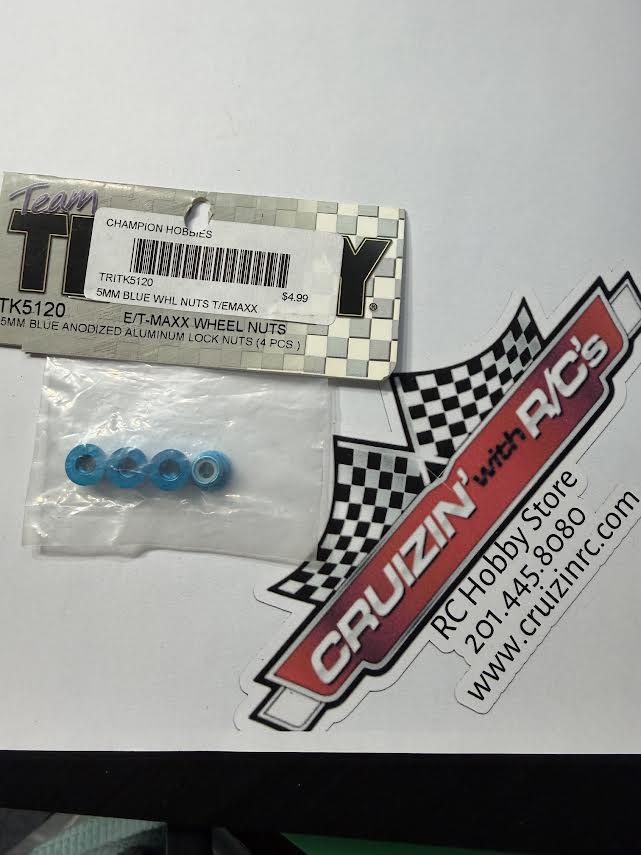 Trinity Part #TK5120 E/T-Maxx Wheel Nuts 5mm Blue Anodized Aluminum Lock Nuts