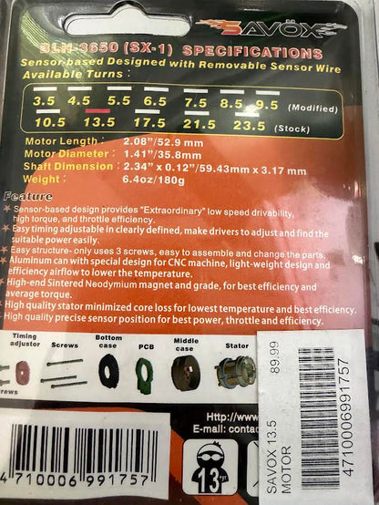 Savox Part #BLH-3650 (SX-1) Sensored Brushless Motor 13.5 Turns