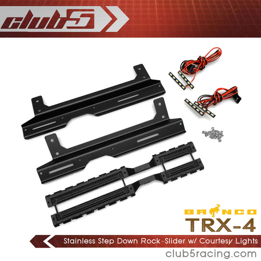 Club 5 Racing Part #C-TRX4-106 Stainless Step Down Rock-Slider w/ Courtesy Lights for Traxxas TRX-4 2021 Bronco