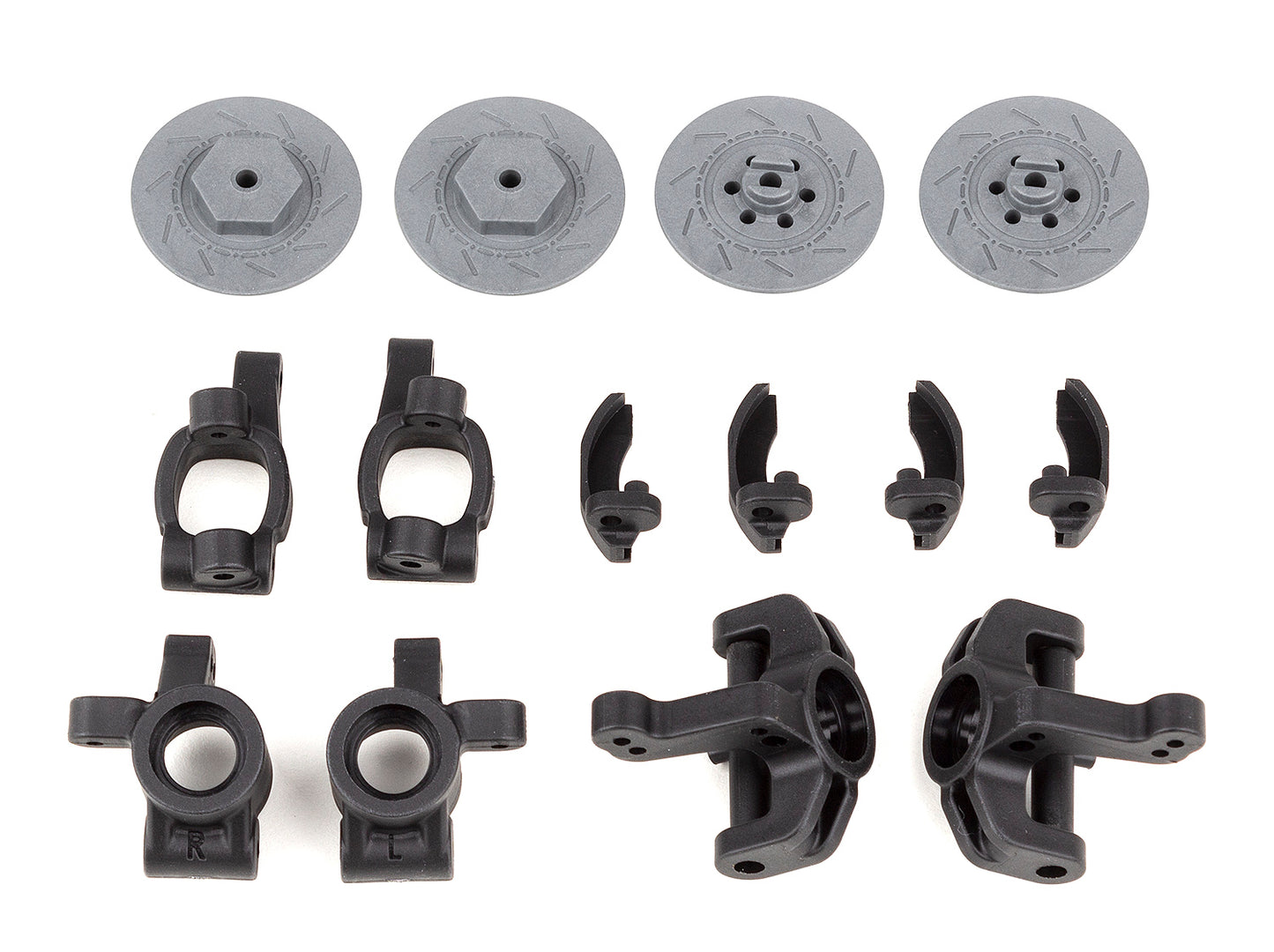 Reflex 14R Steering and Caster Blocks, Rear Hubs, and Brake Discs