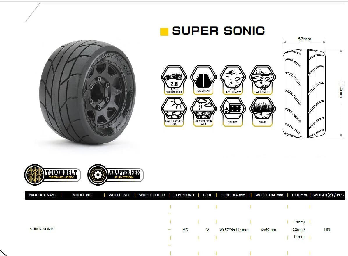 Powerhobby Part #PHB1804CBMSGB 1/10 2.8 ST Super Sonic Belted Tires (2) with Removable Hex Wheels