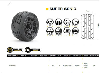 Powerhobby Part #PHB1804CBMSGB 1/10 2.8 ST Super Sonic Belted Tires (2) with Removable Hex Wheels