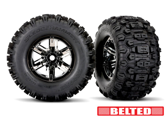 Traxxas Blk Chrm X-Maxx Wheels & Belted Sledgehammer Tires (2)