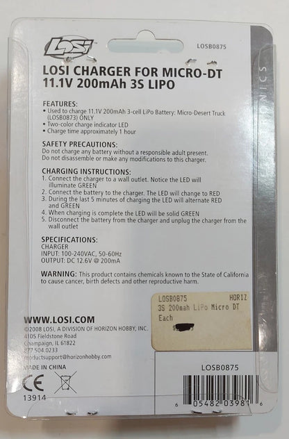 Team Losi Part #LOSB0875 Charger for Mirco-DT 11.1V 200mAh 3S LIPO