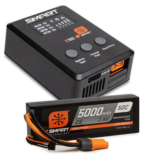 Spektrum spmx-1032 Smart Powerstage Surface Bundle: 5000mAh 2S 50C LiPo Battery (IC5) / 100W S100 Charger